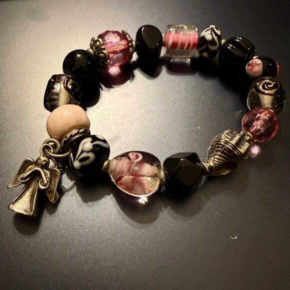 4 for $20 Sale Pink & Black Glass Bead Charm Breast Cancer Stretch Bracelet - Picture 3 of 6